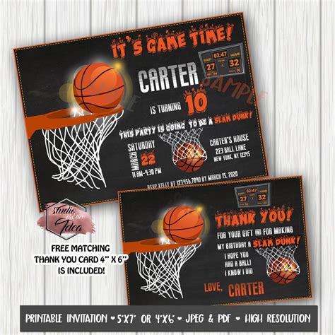 Basketball Theme Birthday Party Printable Invitation With Free Thank Y