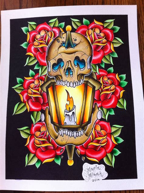 Neotraditional Skull Lantern And Roses Tattoo Flash By Darin Blank