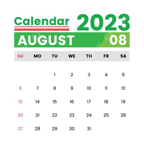 Gambar Desain Kalender Bulanan Agustus 2023 Latar Belakang Transparan