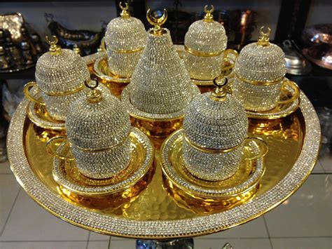 Handmade Copper Turkish Coffee Espresso Serving Set Swarovski Crystal