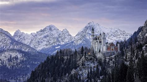 Neuschwanstein Castle Bavaria Snow Castle Trees Landscape