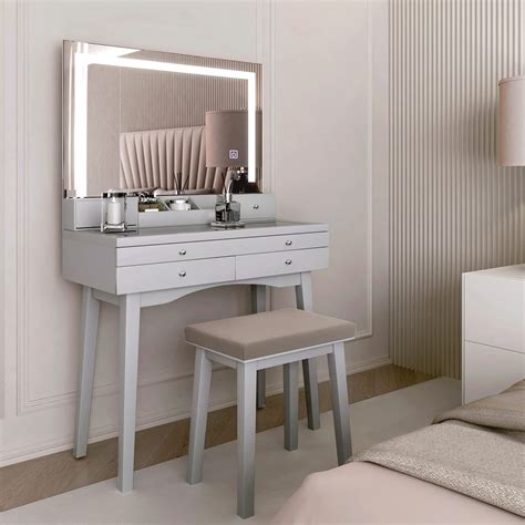 Carme Madison Grey Dressing Table With Large Mirror Led Lights Touch