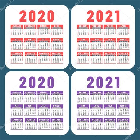 Calendario 2020 Y 2021 Plantilla De Diseño De Calendario De Vector Cuadrado Colección De Color