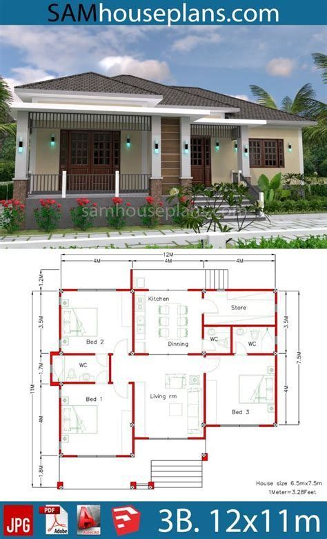House Plans 12x11m With Full Plan 3beds Sam House Plans