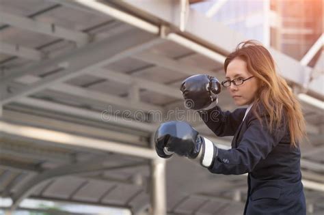 Business Woman Boxing Gloves Business Competition Concept With Stock