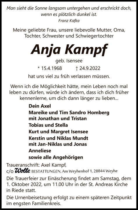 Traueranzeigen Von Anja Kampf Trauerkreiszeitungde