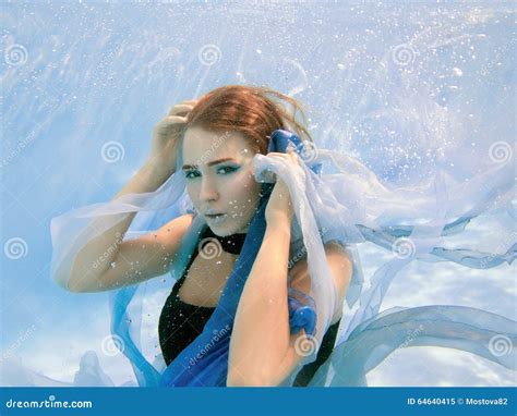 Young Beautiful Girl In Blue Dress Underwater Stock Image Image Of