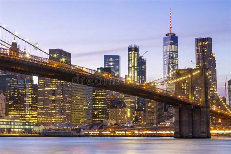 New York Lower Manhattan Skyline With Brooklyn Bridge Stock Photo