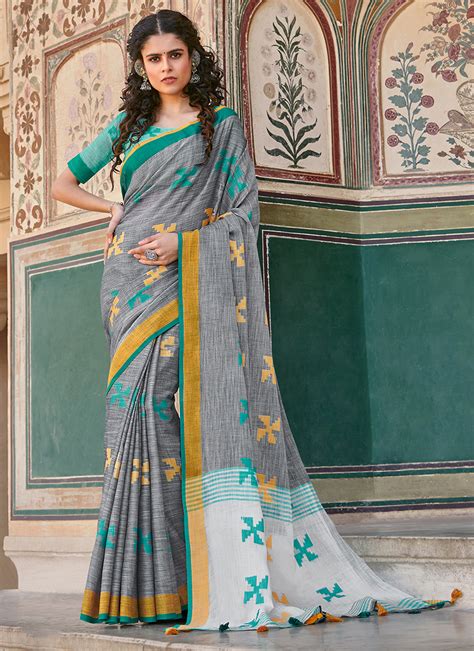 Buy Cotton Traditional Wear Grey Printed Work Saree Online From Wholesale Salwar