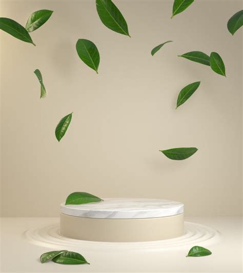 Natural Product Podium With Beige Background And Falling Green Leaves