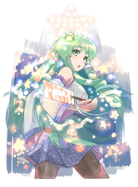 safebooru frog glowing gohei green eyes green hair hair ornament kochiya sanae kurobuta gekkan