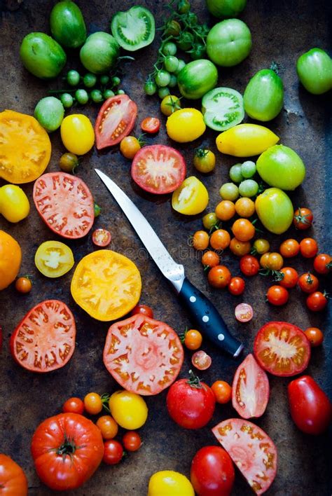 Fresh Organic Multi Colored Tomatoes With Knife Stock Photo Image Of