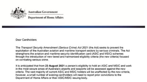 Department Of Home Affairs Letter To Card Holders Aviation Id Australia