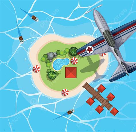 Top View Of Airplane Flying Over Island Flight Landscape Water Vector