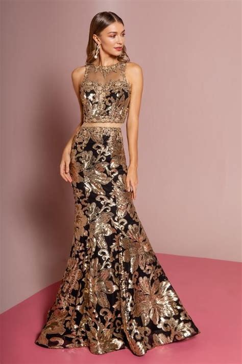 Black And Gold Two Piece Long Prom Dress Wedding Dresses High Low Two Piece Long Dress Gold
