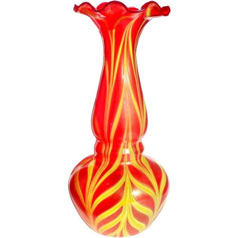 Murano Red Yellow Pulled Feather Gold Italian Art Glass Flower Vase For Sale At 1stdibs