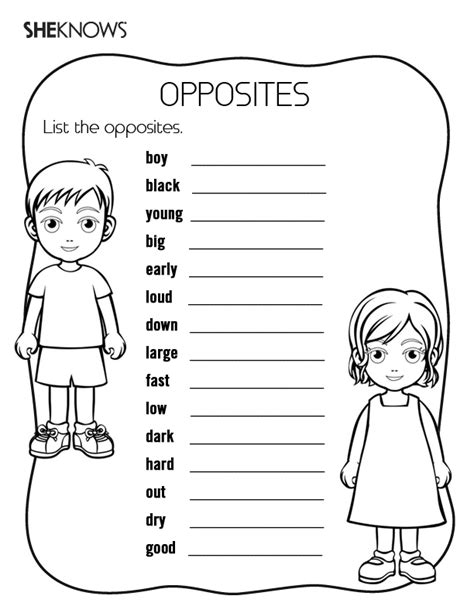 Activity sheets for 6 year olds fun addition. List the Opposites Activity - Free Printable Coloring Pages