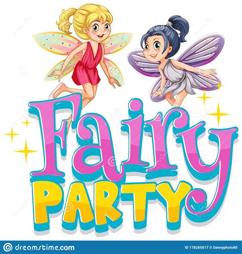 Font Design For Word Fairy Party With Fairies Flying Stock