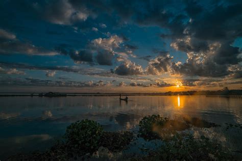 Nature Landscape Lake Sunrise Myanmar Sky Clouds Boat Fisherman