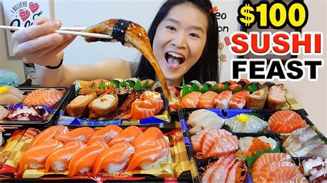 100 sushi feast salmon sashimi nigiri sushi rolls seafood japanese food eating show
