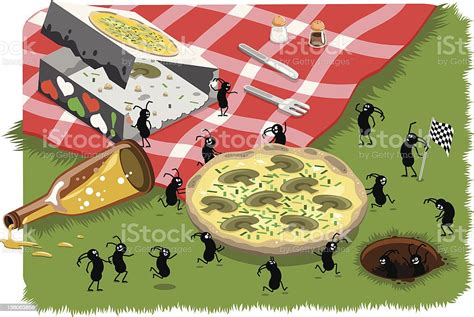 Hungry Picnic Ants Stealing Pizza Stock Illustration Download Image