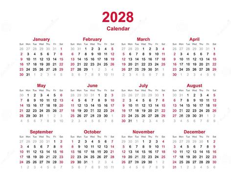 Calendário 2028 Calendário Anual Do Vetor De 12 Meses No Ano 2028