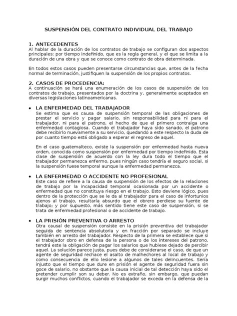 suspensión del contrato individual del trabajo derecho laboral relaciones laborales