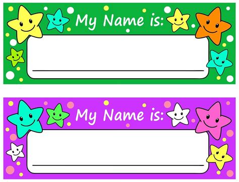 Two Name Tags With Stars On Them One Is Purple And The Other Is Green