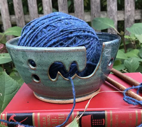 Large Yarn Bowl Ceramic Knitting Bowl Speckled Blue And Green Etsy