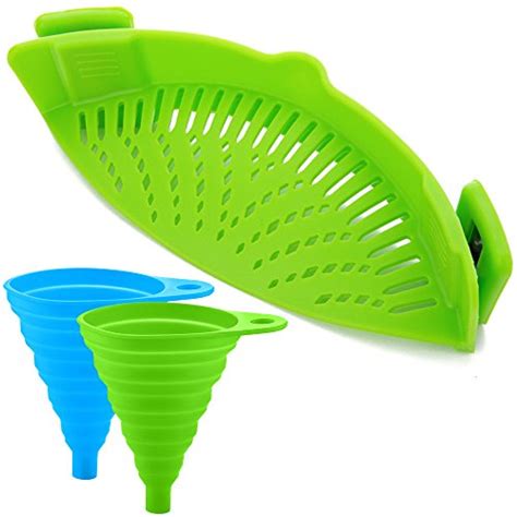 Silicone Snap Strainer With 2 Collapsible Funnels Finegood Hands Free
