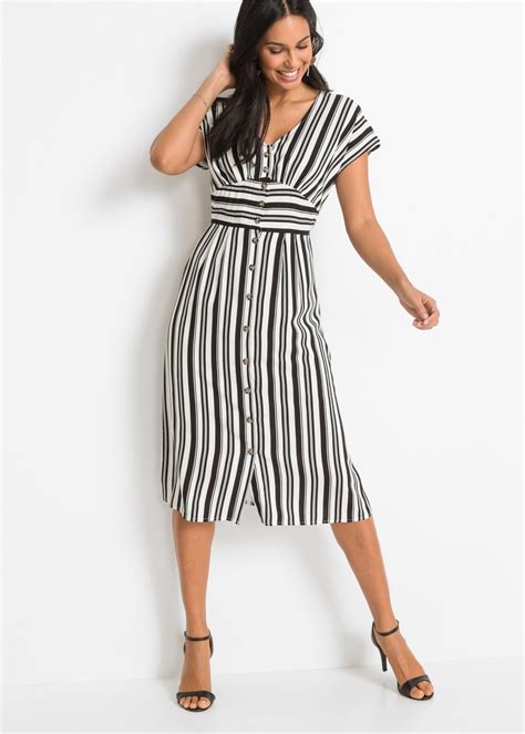 Modisches Kleid Mit Streifendesign Und Durchzogener Knopfleiste Schwarz Weiß Gestreift