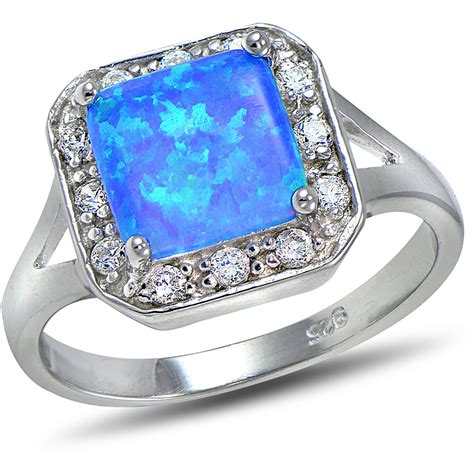 Created Blue Opal And Cz Sterling Silver Square Ring