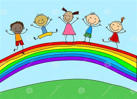 Rainbow Kidscartoon Happy Kidsstick Figure Kids Stock Vector