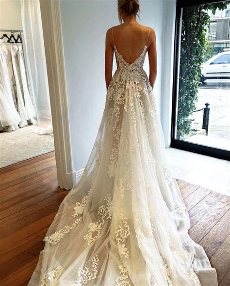 Beautiful Wedding Dresses A Line Spaghetti Straps Brush Train Ivory Tu Anna Promdress