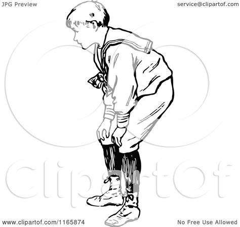 Clipart Of A Retro Vintage Black And White Boy Bending Over Royalty