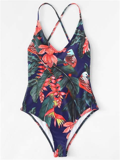Crisscross Tropical Print Swimsuit Tropical Print Swimsuits Womens
