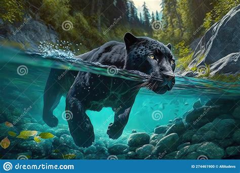 Black Panther Swimming In Crystal Clear River Stock Photo Image Of