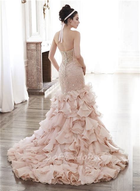 Here are some gorgeous dress ideas sweetheart mermaid wedding dresses can be with a lace and beaded bodice, designed in a light and silky material, like satin or tulle, with train or with. Gorgeous Mermaid Strapless Blush Pink Organza Ruffle ...