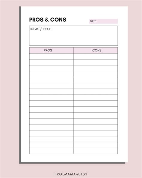 Printable Pros And Cons List Instant Download Print At Home Etsy Uk