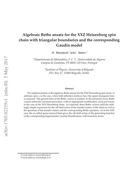 Pdf Algebraic Bethe Ansatz For The Xxz Heisenberg Spin Chain With