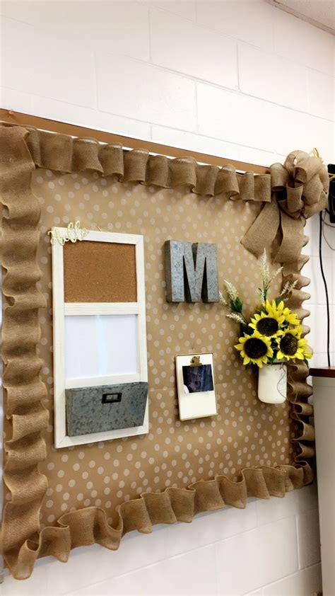 A Bulletin Board With Some Pictures On It And Flowers In Vases Next To