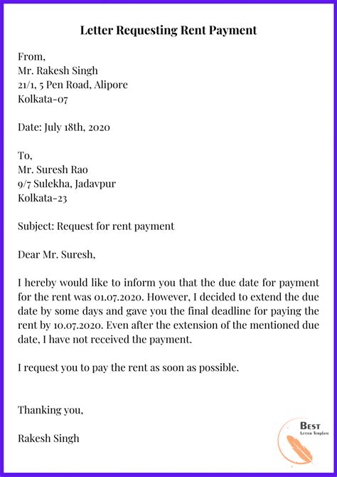 Rent Payment Letter Template Format Sample Examples