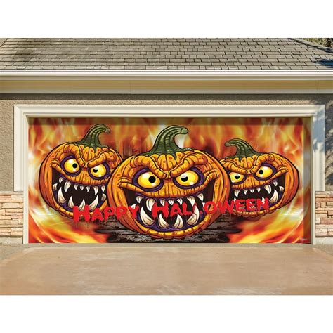 Two Pumpkins Painted On The Side Of A Garage Door With Fire Coming From