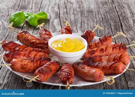 Grilled Sausages On Skewers With Mustard Close Up Stock Image Image