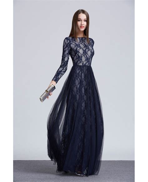 Elegant A Line Tulle Lace Long Formal Dress With Long Sleeves Ck462