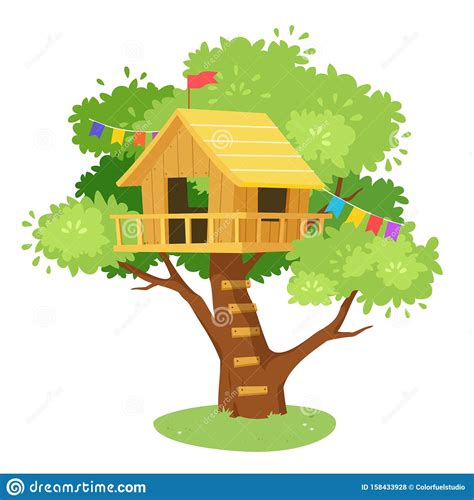 Cute Tree House Cartoon On Jungle Design Stock Vector