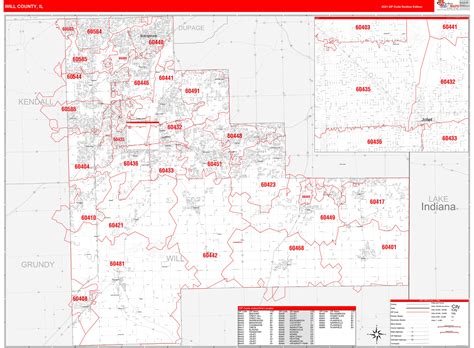 Will County Il Zip Code Wall Map Red Line Style By Marketmaps Mapsales