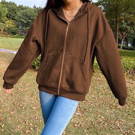 Brown Oversized Y2k Zip Up Hoodie Autumn Warm Hoodies On Sale Etsy
