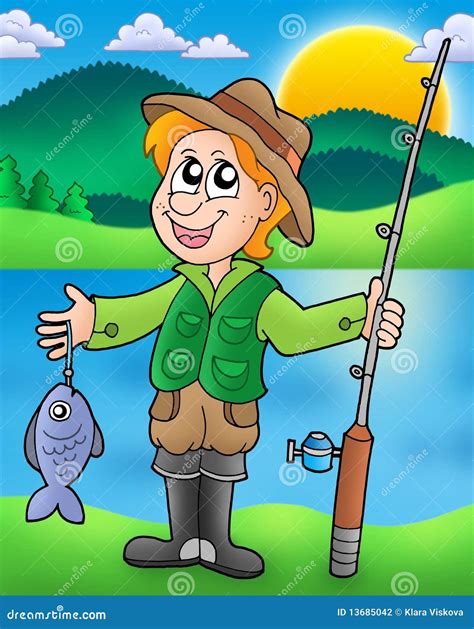 Cartoon Fisherman Standing In Hat And Pulls Net On Boat Out Of Sea