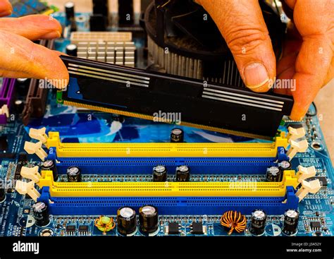 Put Computer Memory Ddr Ram In The Slot Of Motherboard Stock Photo Alamy